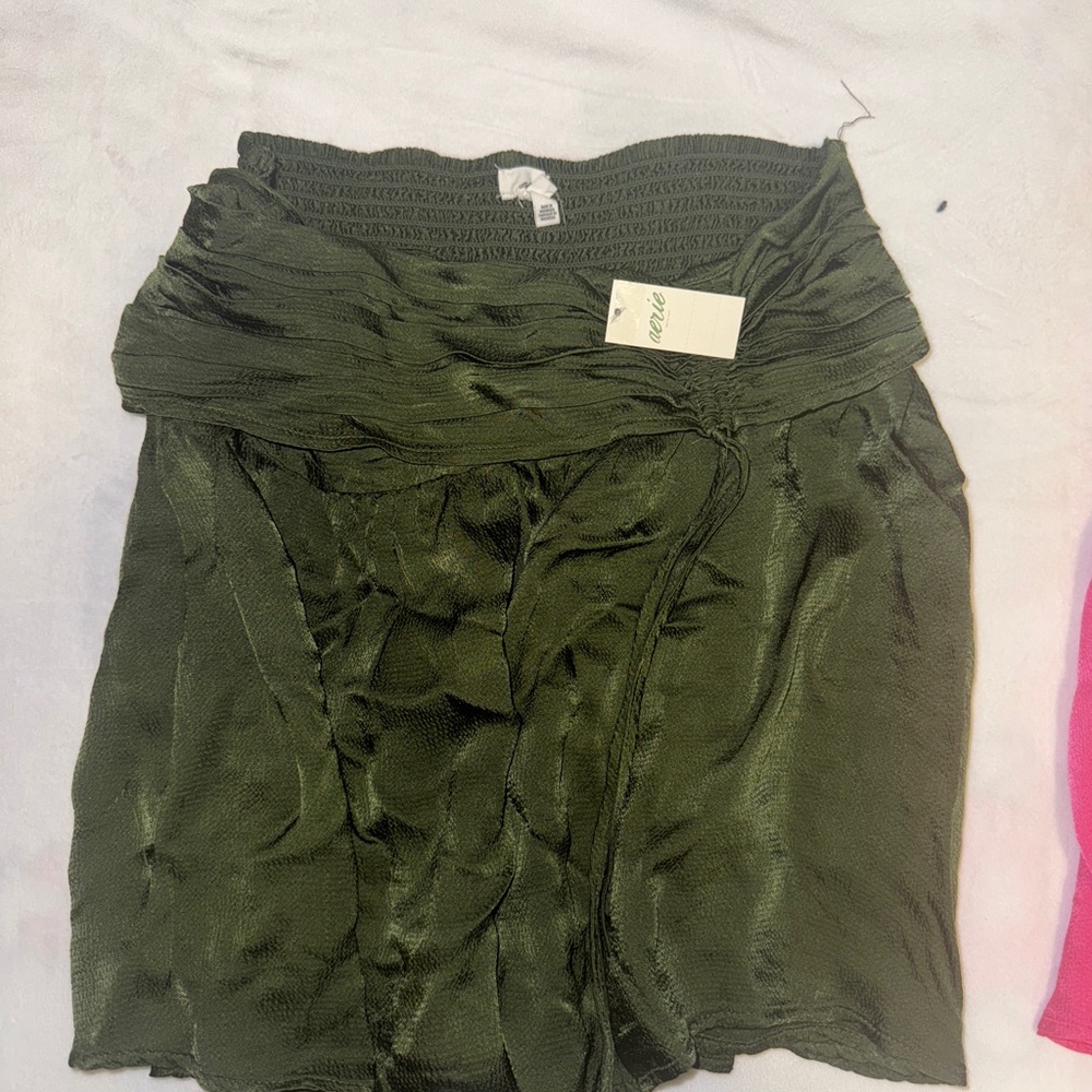 Aerie Green Bubble Mini Skirt with Ruched Ruffles